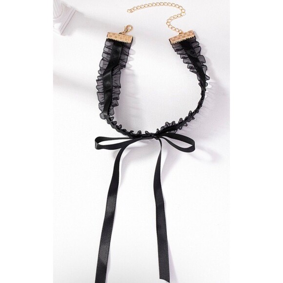 Black Ribbon Bow Choker Necklace Ruffle Velvet Trendy Cute Shamelessly Sparkly - Picture 3 of 6